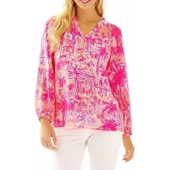Lilly Pulitzer Tops - Lilly Pulitzer Elsa Silk Top Rule Breakers Print V Neck Long Sleeve XXS Resort